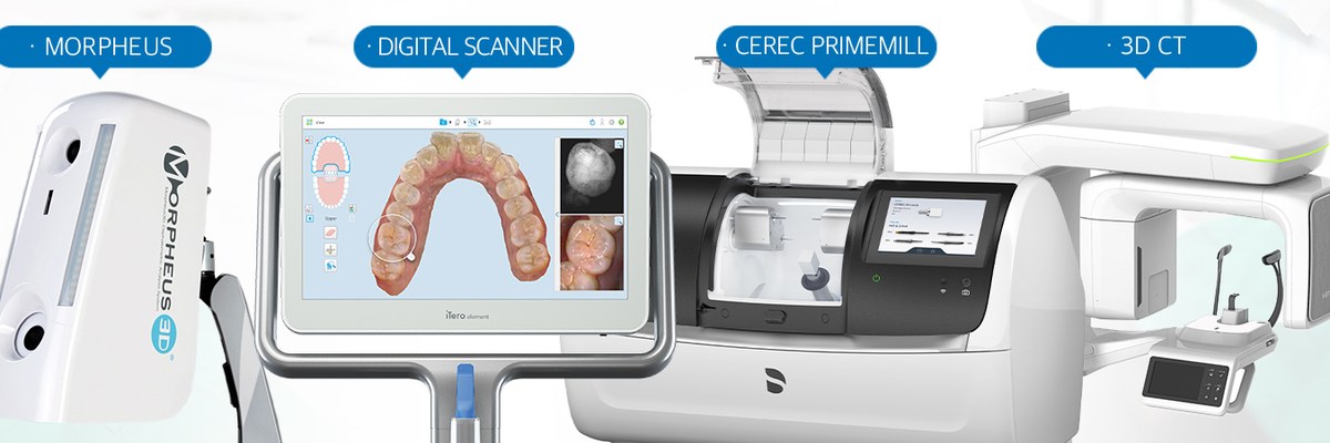 Digital dental equipment at the clinic: Morpheus 3D scanner, iTero digital scanner, CEREC Primemill, and 3D CT