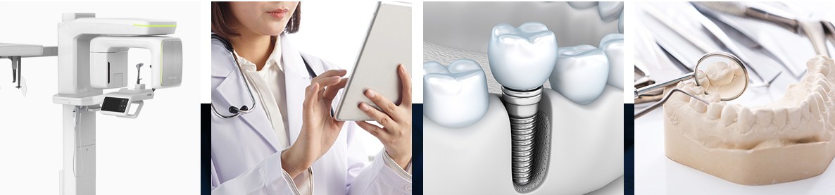 3D CT scanner, dentist planning on a tablet, implant illustration and dental model
